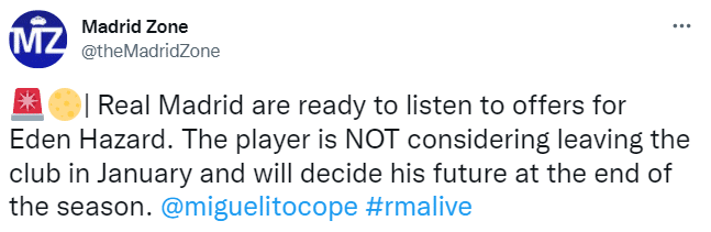 记者：皇马将听取对阿扎尔的报价，球员冬窗不愿走