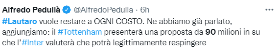 佩杜拉：热刺准备超过9000万欧报价劳塔罗