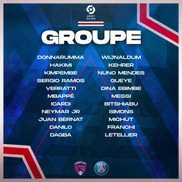 大巴黎客场vs克莱蒙名单一览：梅西、姆巴佩、内马尔领衔