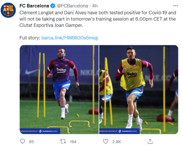 巴萨官方：朗格莱与阿尔维斯新冠检测呈阳性