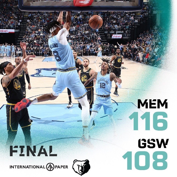 灰熊116-108力克勇士 莫兰特29+5+8 库里27+10+10