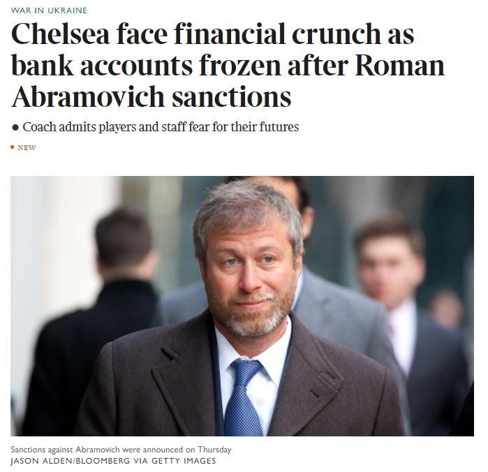 泰晤士：切尔西银行账户被冻结，日常运营面临瘫痪