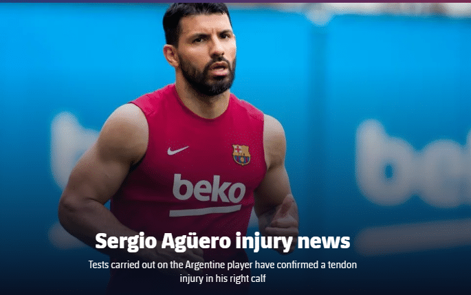 官方：阿圭罗右小腿肌腱受伤，缺席10周