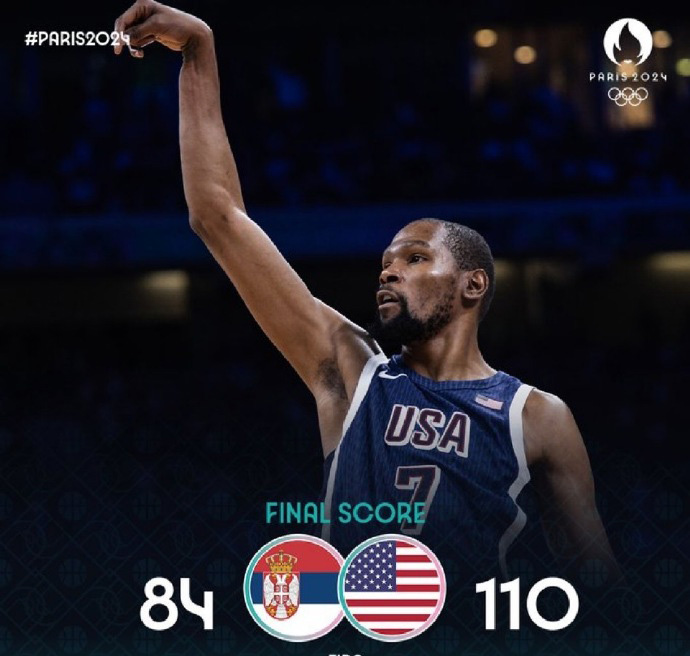 美国110-84战胜塞尔维亚 杜兰特23分 詹姆斯21+7+9 约基奇20+5+8