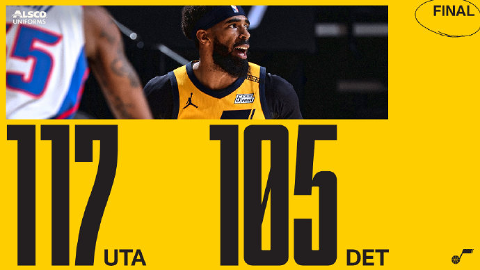 爵士117-105力克活塞 米切尔32+6 格兰特27分