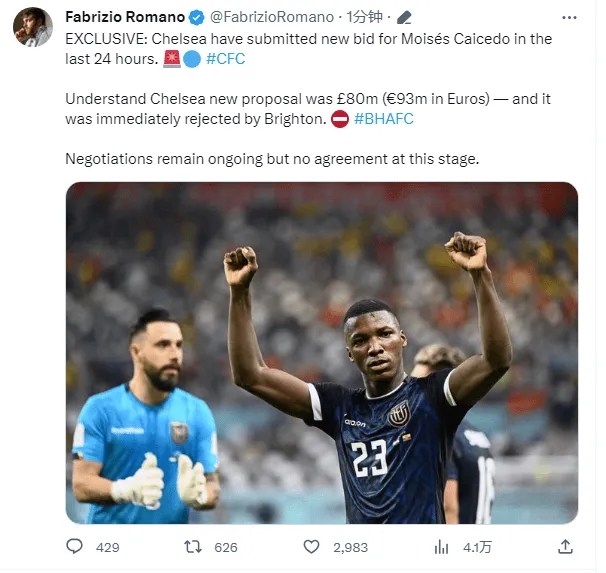 切尔西凯塞多转会：第三次报价不超过8000万镑