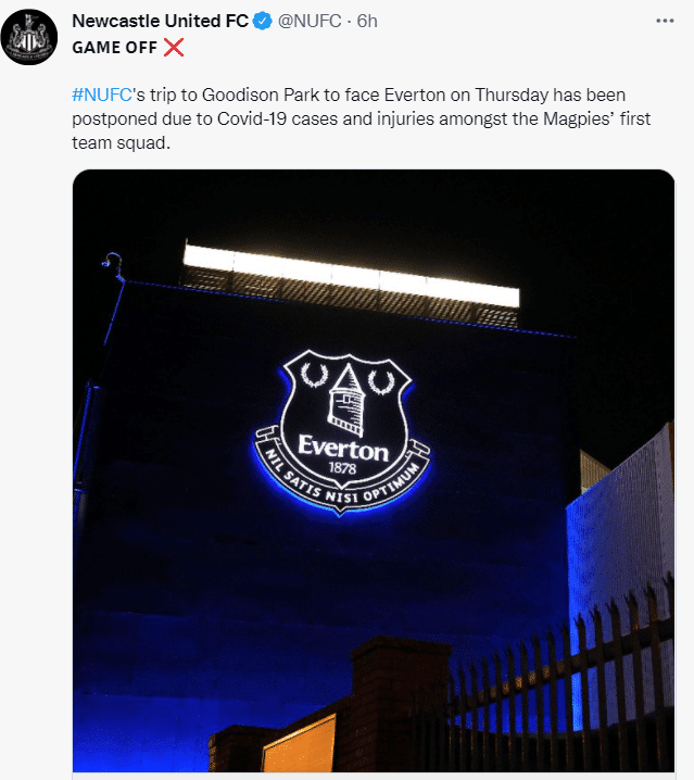 官方：埃弗顿vs纽卡的比赛因疫情和伤病而推迟
