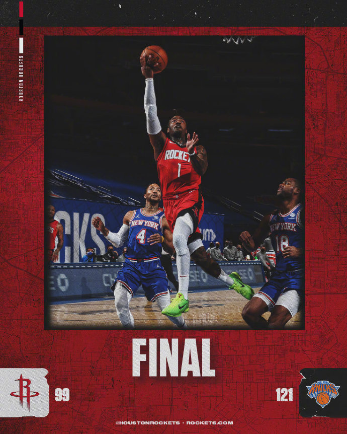 火箭99-121不敌尼克斯 兰德尔22+9 罗斯16分 沃尔26分