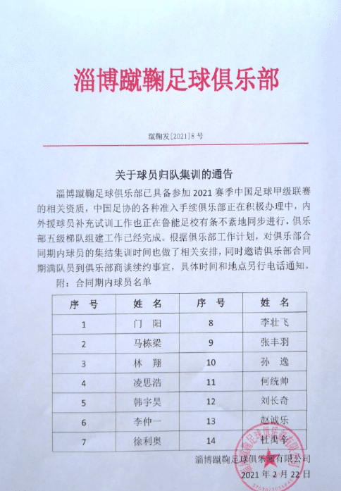 淄博蹴鞠官方: 已获中甲资质, 邀请队员来谈续约