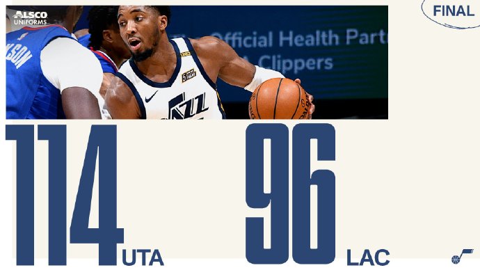 爵士114-96大胜快船 米切尔24+7+7 戈贝尔23+20 卡乔缺阵