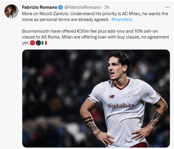 罗马诺：扎尼奥洛已与AC米兰达成个人协议