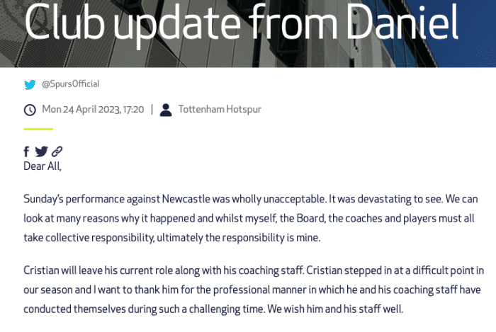 热刺官宣代理主帅下课：1-6结果不可接受！31岁少帅接任