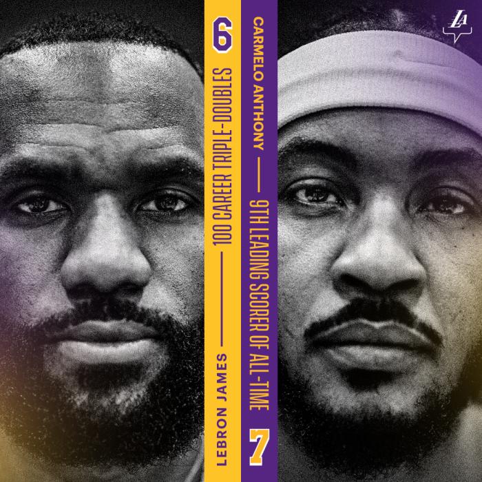 湖人官方晒两大巨星纪录！老詹一神迹历史唯一，示爱甜瓜：我爱你冠军