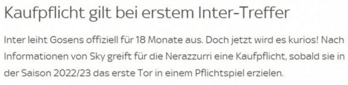 德天空：下赛季国米一进球，就触发戈森斯买断条款