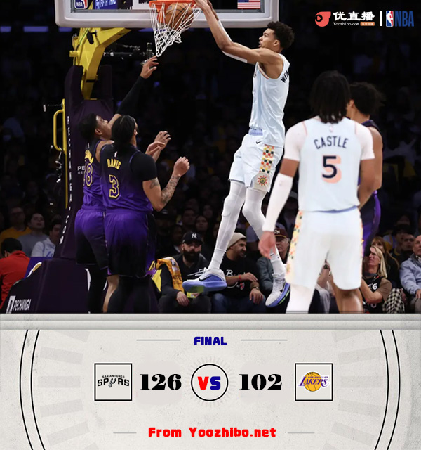 湖人102-126负马刺 浓眉30+13 詹姆斯18+8+7失误 文班23+8