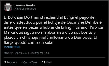 记者：多特要求巴萨付清登贝莱转会费，再谈哈兰德