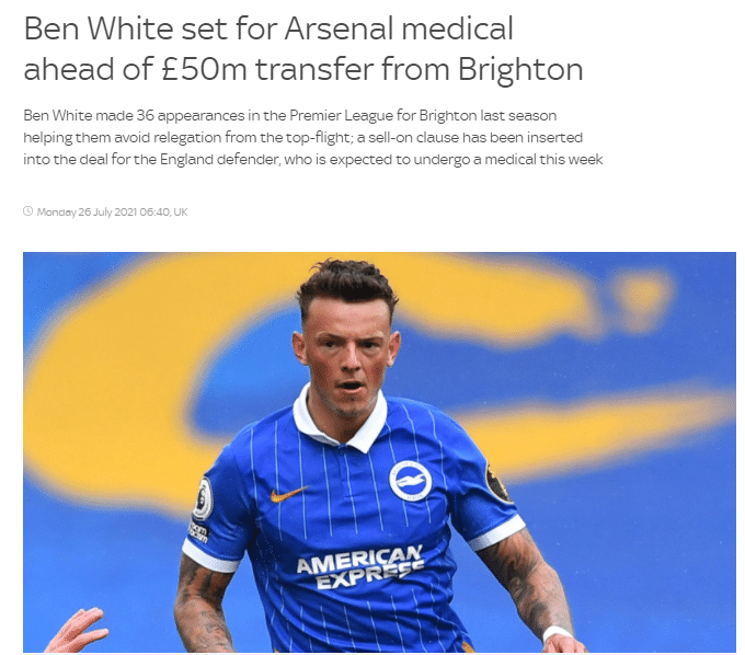 本-怀特本周三接受阿森纳体检，转会费五千万镑