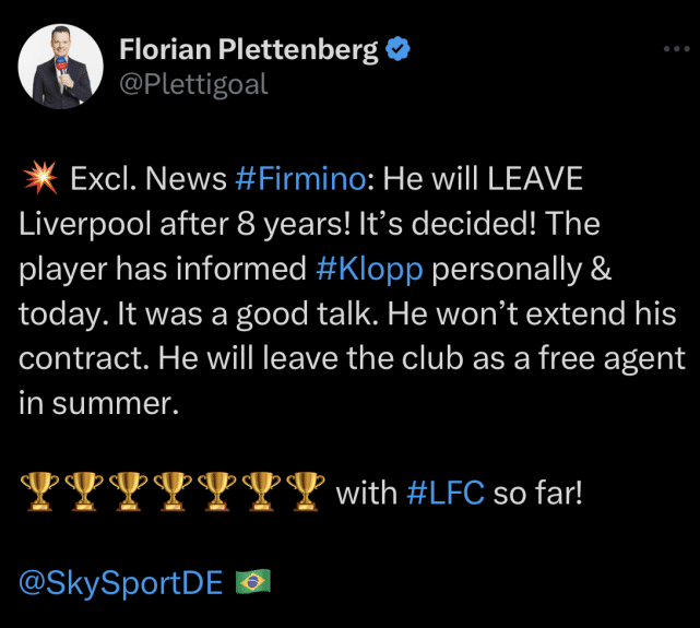 利物浦9号今夏自由身离队！已告知渣叔不续约，或去沙特淘金联袂C罗