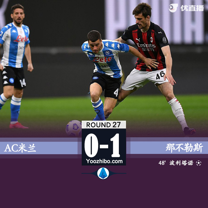 AC米兰0-1那不勒斯 波利塔诺破门雷比奇染红