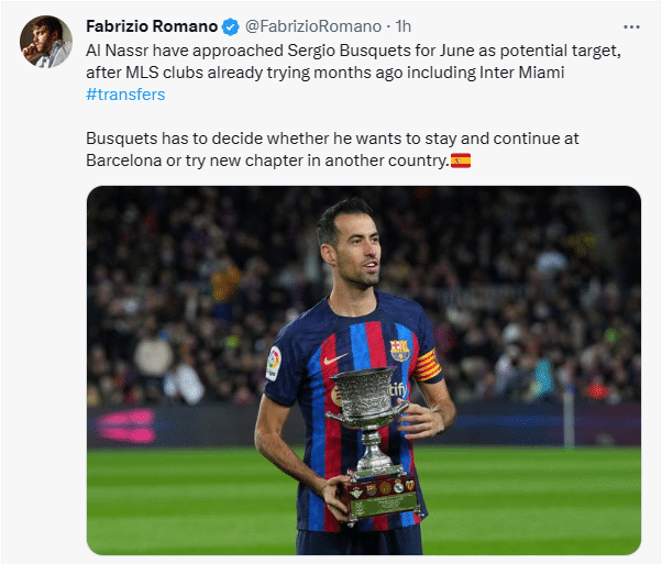 罗马诺：利雅得胜利想在今夏免签布斯克茨