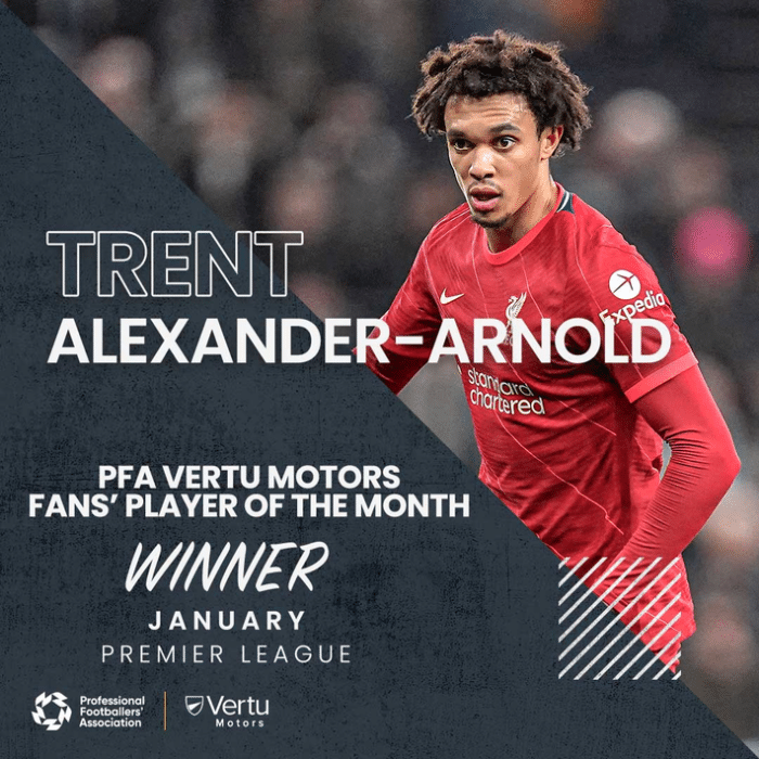 官方：阿诺德当选PFA球迷票选英超1月最佳球员