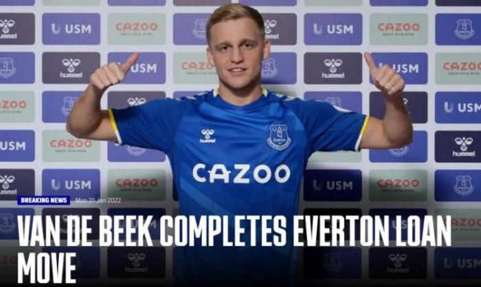 官方：曼联中场范德贝克租借加盟埃弗顿