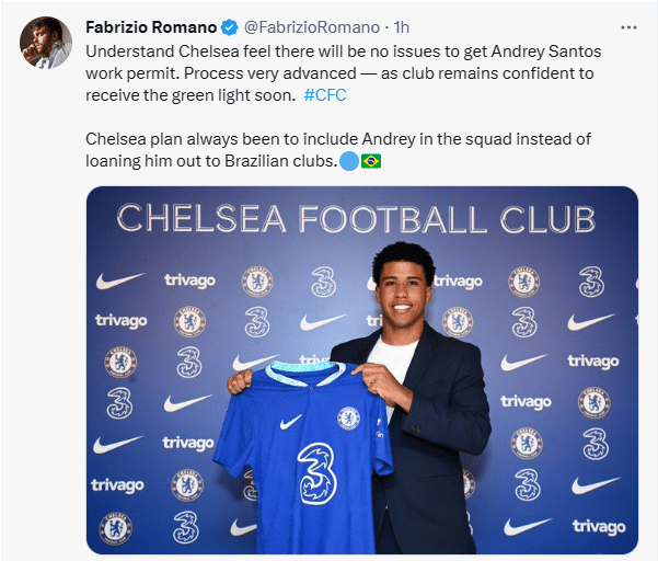 罗马诺：切尔西有信心帮助桑托斯拿到劳工证