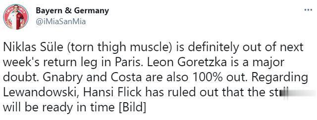 图片报：莱万、格纳布里等五人将缺席次回合战巴黎