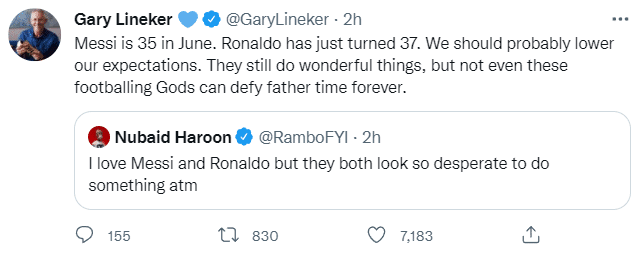 莱因克尔：或该降低对梅罗的期望，没人能抵抗岁月