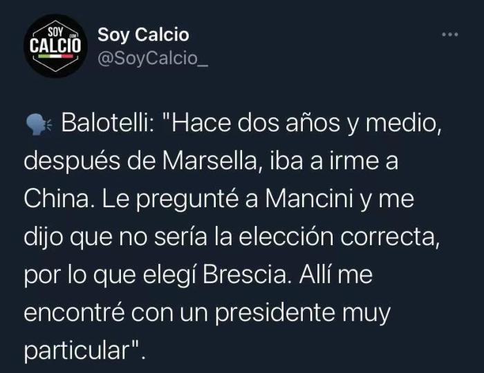 巴神：两年前准备去中国踢球，但被曼奇尼阻拦