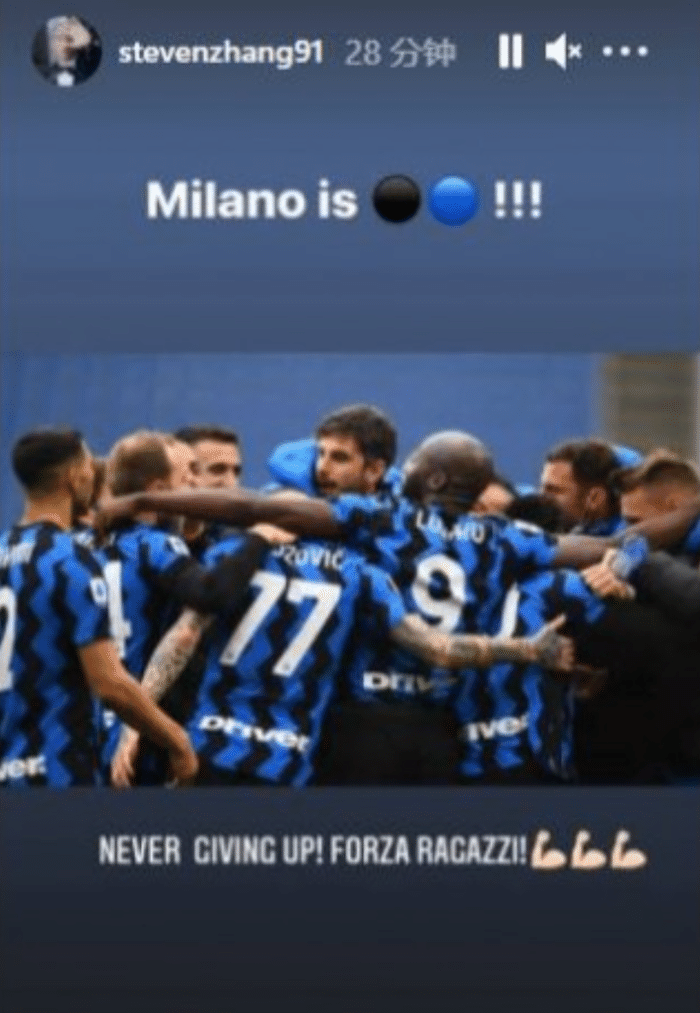 拿下德比战, 张康阳ins: 米兰城是蓝黑色的!
