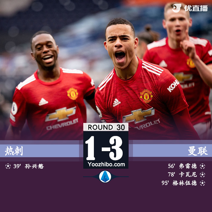 热刺1-3曼联 青木传射孙兴慜卡瓦尼破门