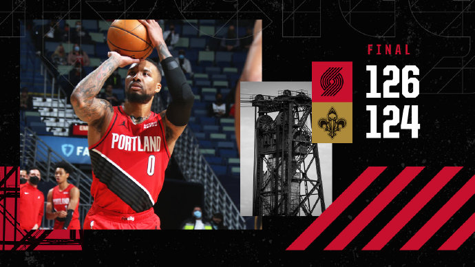 开拓者126-124险胜鹈鹕 利拉德43+16 特伦特23分 锡安36+6