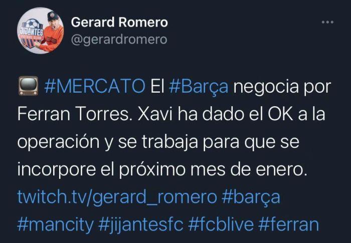 跟队记者：巴萨正在与曼城谈判费兰-托雷斯