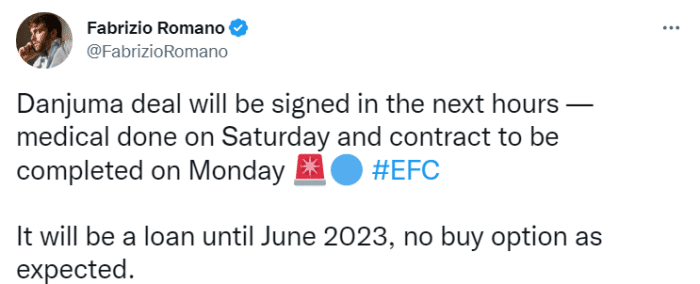 罗曼诺：丹朱马将在未来几个小时租借加盟埃弗顿
