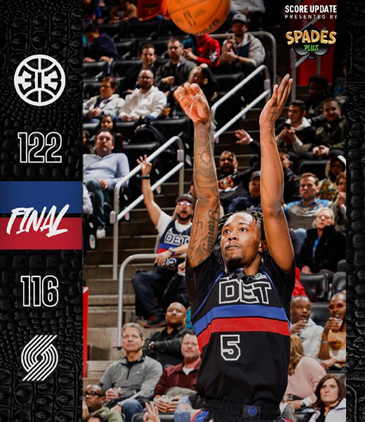 开拓者116-122不敌活塞，坎宁安29+9，阿夫迪亚35+9+7