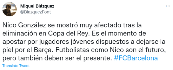 记者：巴萨是时候重用尼科这些年轻球员了