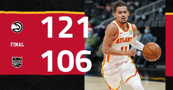 老鹰121-106战胜国王 特雷-杨28+9 卡佩拉24+14 福克斯32+7+6