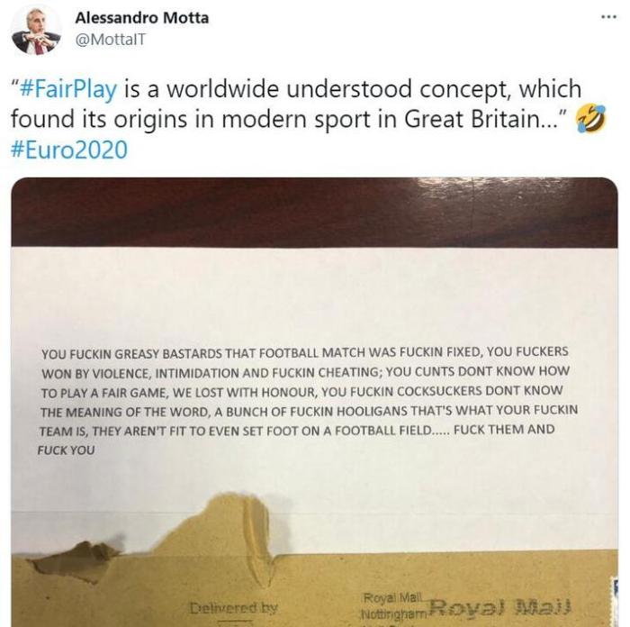 英格兰球迷给意大利驻英使馆寄信，辱骂意大利