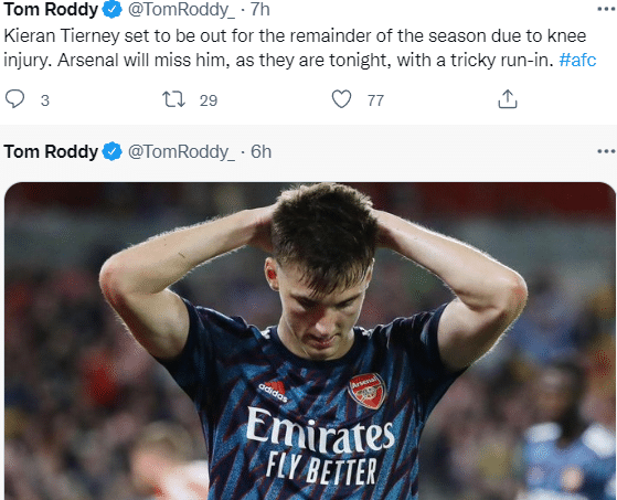 记者：阿森纳后卫蒂尔尼膝盖受伤，预计赛季报销