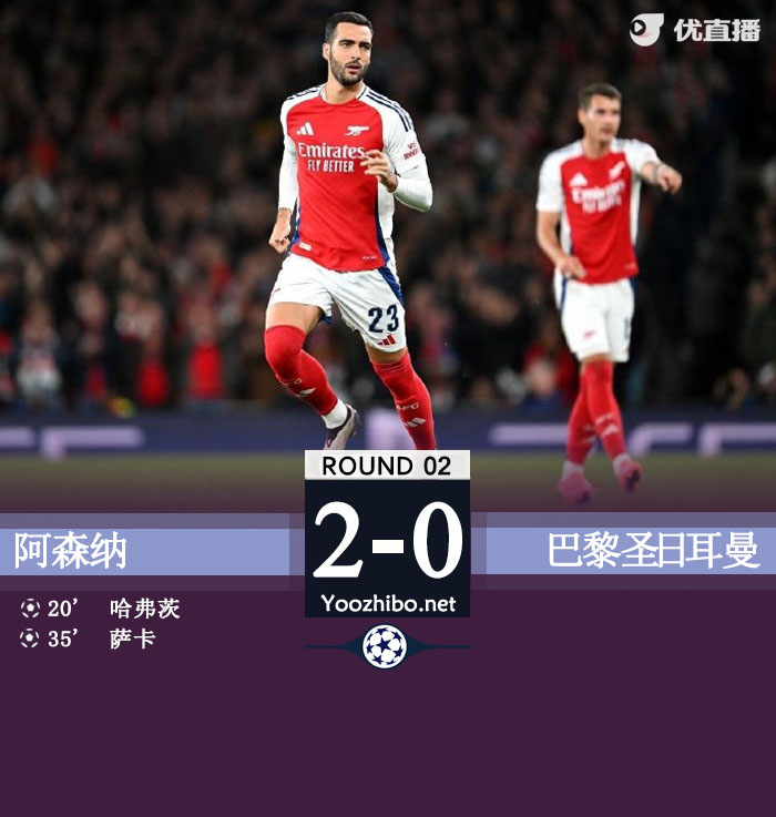 阿森纳2-0巴黎取本赛季欧冠首胜 哈弗茨萨卡破门梅里诺首秀