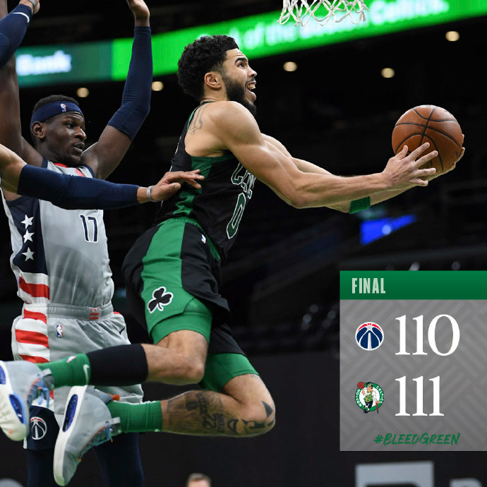 凯尔特人111-110险胜奇才 塔图姆31+8&准绝杀 布朗缺席 比尔46+7