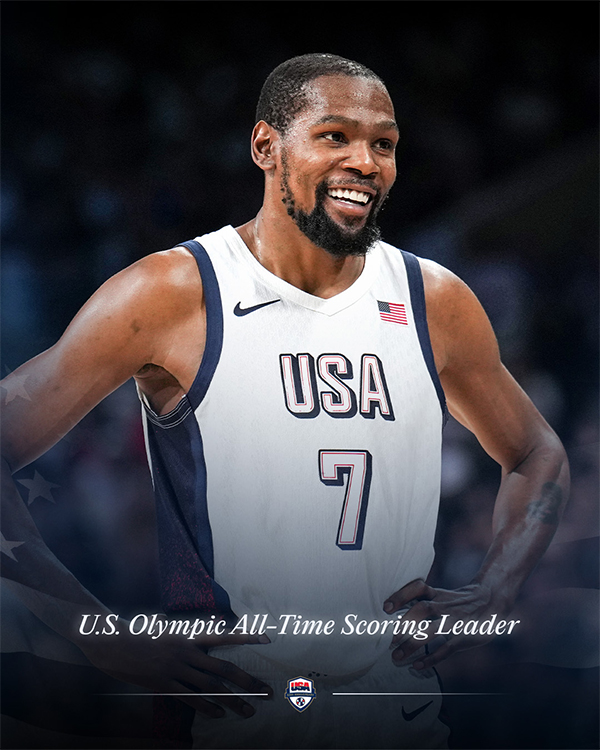 杜兰特加冕美队奥运得分王，获布克称赞