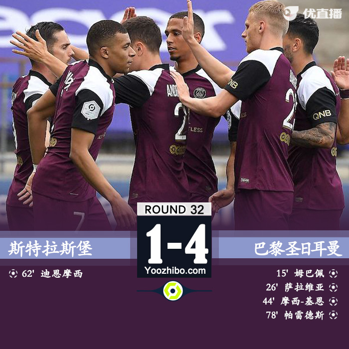 巴黎4-1斯特拉斯堡 姆巴佩、帕雷德斯分别传射建功