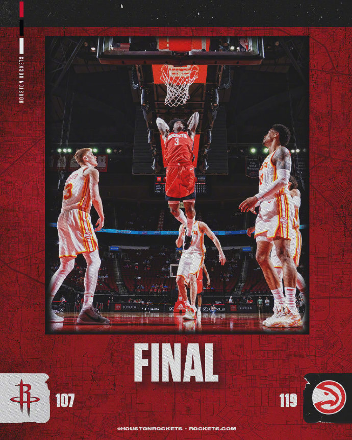 老鹰119-107战胜火箭 加里纳利29+6 奥拉迪波34+5