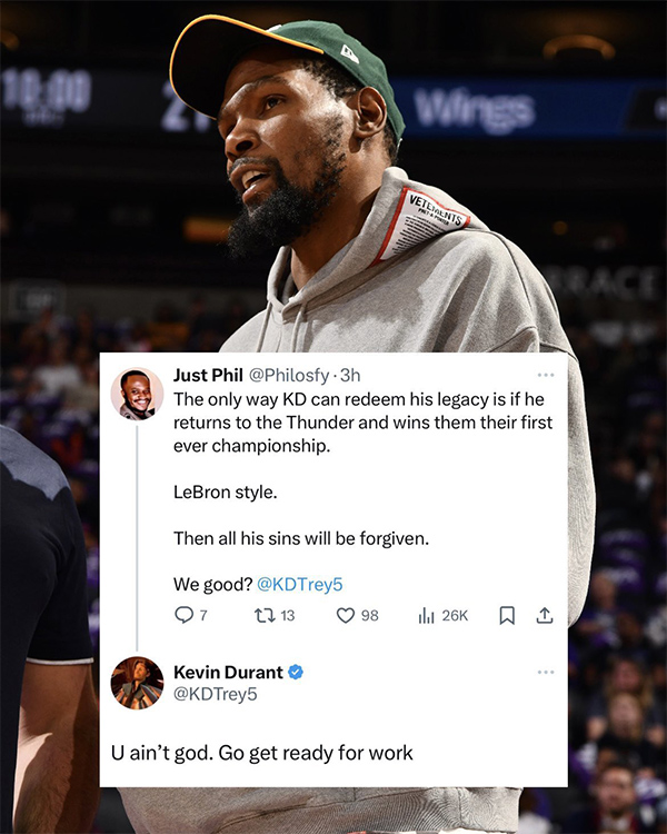 杜兰特再开启怼人模式 回应球迷重返雷霆建议