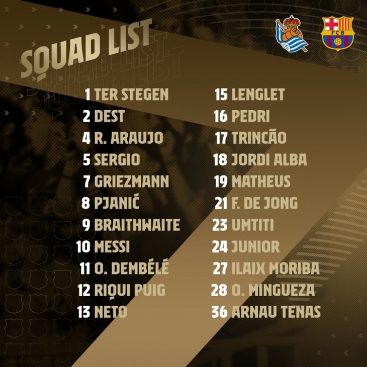 巴萨vs皇家社会名单：梅西领衔皮克伤缺 莫里巴入选