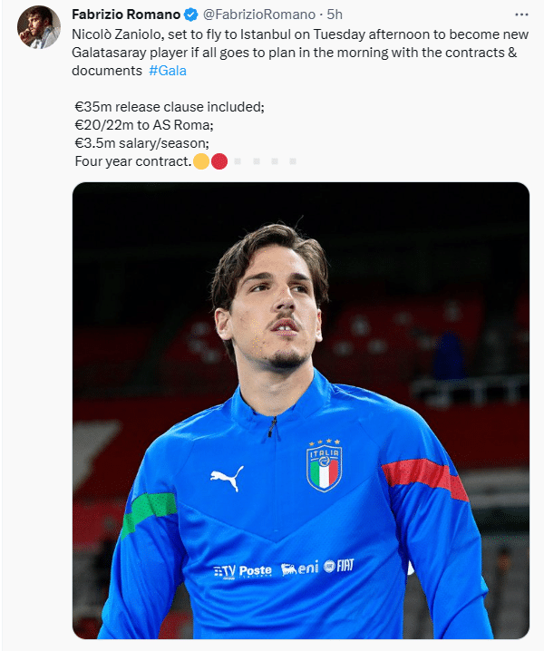 罗马诺：扎尼奥洛2200万欧转会加拉塔萨雷