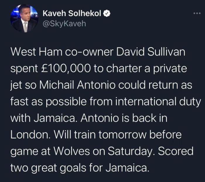 记者：西汉姆老板花10万镑租飞机将安东尼奥带回