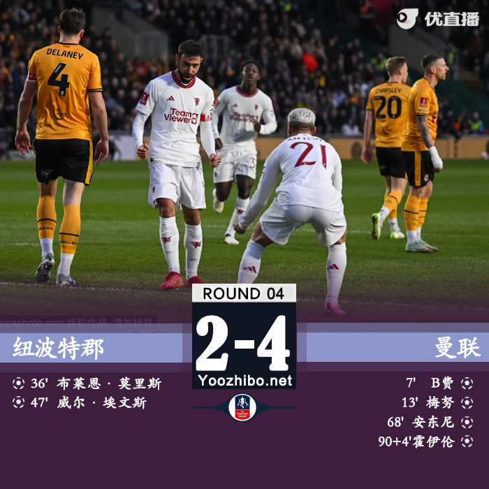 曼联4-2纽波特 安东尼赛季首球+传射梅努处子球